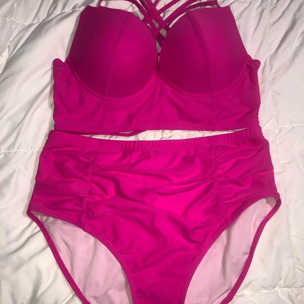 Hot Pink Strappy Swim suit top and bottom